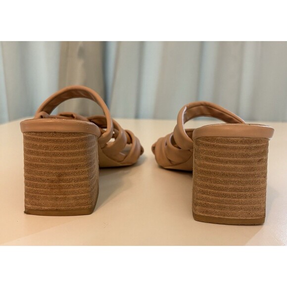 Womens Slip on Slides 11 Tan Strappy Mid Chuncky Stack Heel Sq Toe Beast Fashion - Picture 6 of 7